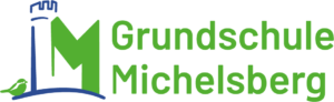 Logo mit Wort-Bildmarke mit Darstellung des Logos der Michelsbergschule in grünen und dunkelblauen Farben und Darstellung einer Burg und Spatz.